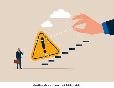 Hand pulling heavy exclamation attention sign up stair case. Vector illustration. 