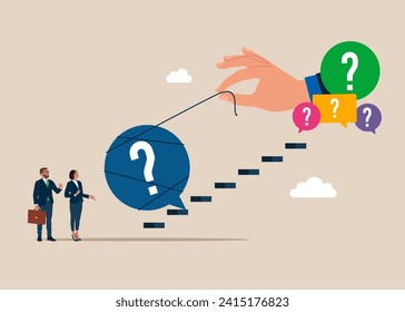 Hand pulling heavy question mark sign in speech bubble up stair case. Idea of support and advice. Vector illustration