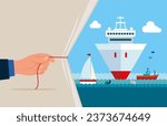 Hand pulling light blank fabric. Beautiful ocean or sea, cruise liner on background.