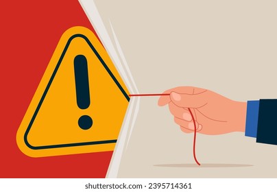 Hand pulling light blank fabric with incident with exclamation attention sign. Root cause analysis or solving problem. Place for text. Flat vector illustration