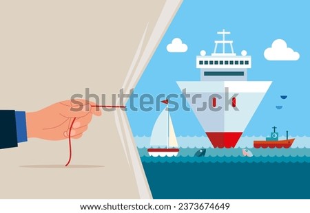Hand pulling light blank fabric. Beautiful ocean or sea, cruise liner on background.