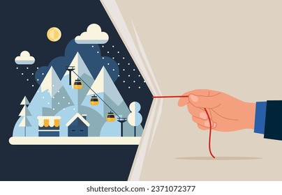 Hand pulling light fabric. Beautiful ski resort on background.