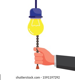 hand pulling light switch, finding idea, saving electricity concept cartoon flat illustration design vector isolated in white background