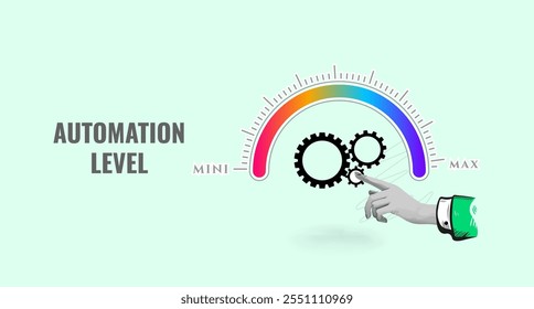 La mano está tirando hacia arriba a la barra de progreso del círculo de la posición máxima con el icono de engranajes. Incrementando el concepto de tecnología de innovación de automatización - Ilustración vectorial de Arte Collage