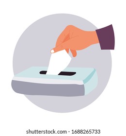 Hand pulling paper tissue, covid19 isolated icon. Preventive measures to fight spreading of bacteria and viruses. Coronavirus infection, respiratory disease. Individual object for sneezing vector