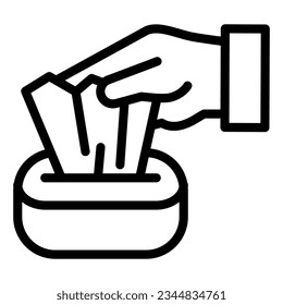 Hand pulling paper tissue line icon. Preventive measures Covid-19 spread symbol outline style pictogram on white background. infection, respiratory vector sign, mobile concept.