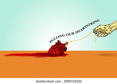 Una mano tirando de un corazón rojo por el macabro concepto de sacar nuestro corazón. Ilustración vectorial dibujada a mano.
