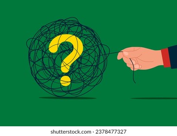 Hand pulling the tangled ropes with question mark. Vector illustartion