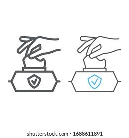 Hand pulling wet tissue line and color line icon, wash and hygiene, hand tissues sign, vector graphics, a linear pattern on a white background, eps 10