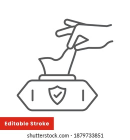 Hand pulling wet tissue thin line icon, wash and hygiene, hand tissues sign, vector graphics, a linear pattern on a white background, editable stroke eps 10