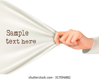 Hand pulling a white cloth with text space. Vector.