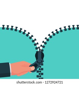Hand pulling zipper. Vector illustration flat design. Isolated on white background. Zipper closeup. Open and close the web template.