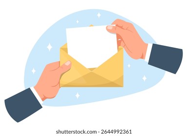 A mão puxa um pedaço de papel em branco do envelope de endereçamento amarelo. Envie e receba correspondência. Entrega postal. Folha de cartão postal. Braços de suporte da página. Leitura de mensagem
