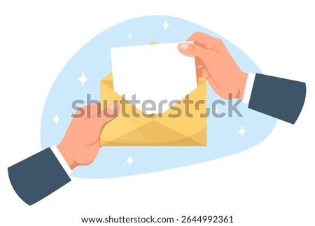 Hand pulls blank piece of paper from yellow mailing envelope. Send and receive correspondence. Postal delivery. Postcard sheet. Arms holding post page. Message reading