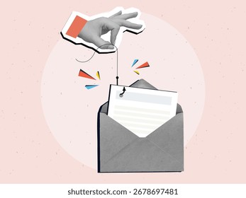 A hand pulls a document from an open envelope with a fishing hook. Hacking mail, stealing confidential information. Modern photo collage style. Vector illustration