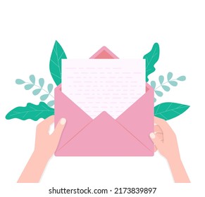 hand pulls from envelope a sheet of empty paper. mail concept. vector illustration in flat style eps 10