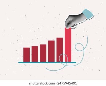 The hand pulls the graph column up. Growth support concept. Vector illustration in a modern collage style