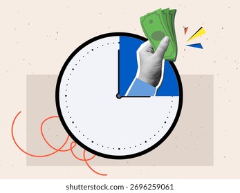 Una mano saca dinero de la cara de un reloj de pared: el concepto de gestión del tiempo y plazos. Estilo de collage moderno. Ilustración vectorial