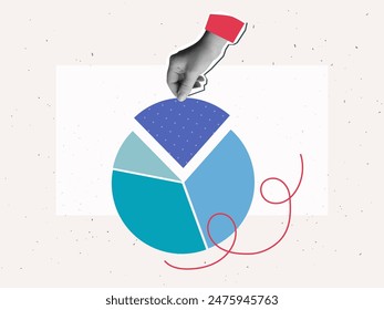 A hand pulls a piece of a circular diagram up. Market share concept. Vector illustration in modern collage style