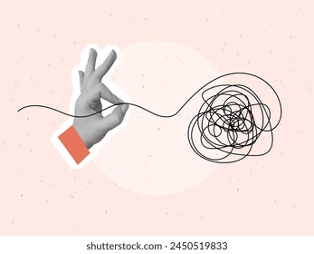 A hand pulls a thread from a tangled ball. Concept of problem solving and eliminating uncertainty. Vector illustration in a modern collage style