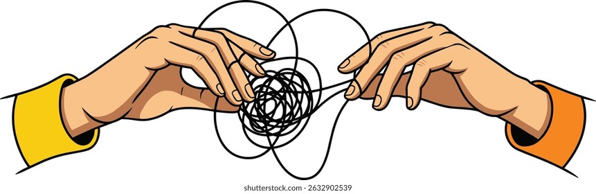 A hand pulls a thread from a tangled ball in other hand. Concept of problem solving and eliminating uncertainty.