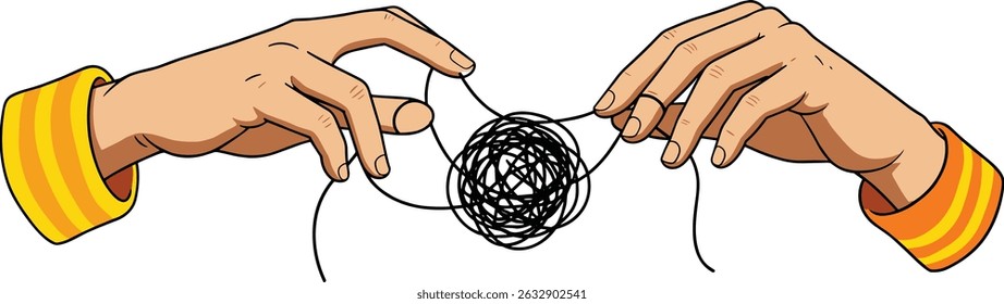 A hand pulls a thread from a tangled ball in other hand. Concept of problem solving and eliminating uncertainty.