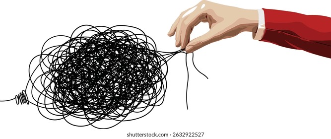 A hand pulls a thread from a tangled ball. Concept of problem solving and eliminating uncertainty. Modern photo collage style. 