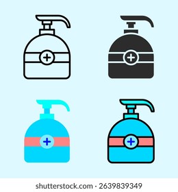 Hand pump bottle with medical cross in bold outline, representing antiseptic use in daily sanitation, ideal for web icons, clinic posters, or hygiene product branding visuals.