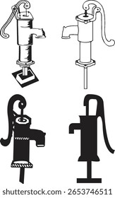 Hand pump icon set, traditional tube well vector illustrations for rural plumbing, irrigation, or water drawing tools