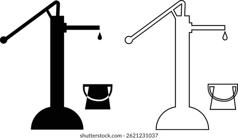Bomba manual ou conjunto de ícones de bomba manual. Consiste de bico profundo bem, alavanca alavanca, tubo e corpo acima do solo ao ar livre, jardim para a fonte de sução de água subterrânea do furo raso no campo isolado.