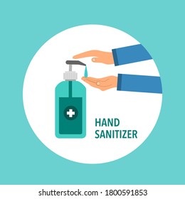 Hand pumping gel wash from bottle. Man or woman cleaning hands from virus, bacteria and germs vector illustration. Covid-19 Coronavirus disinfection health care concept in flat design.