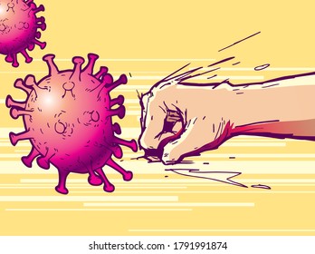 Hand punch fighting a virus, novel coronavirus, covid-19, vector illustration.