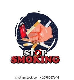hand punching cigarette to avoid smoking. stop smoking concept - vector illustration