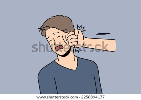 Hand punching unhappy young man in face. Stressed desperate guy get punched in fight or argument. Physical strength and violence. Vector illustration. 