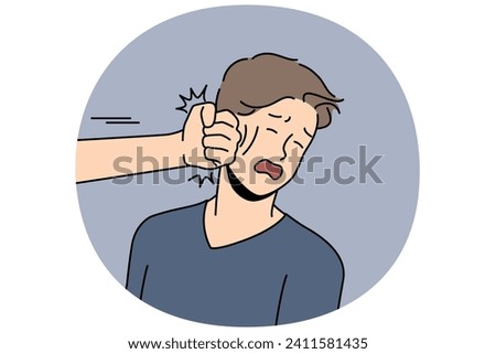 Hand punching unhappy young man in face. Stressed desperate guy get punched in fight or argument. Physical strength and violence. Vector illustration.