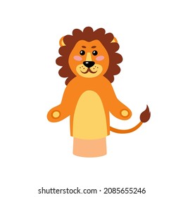 Hand puppet. Cute beautiful Lion hand puppet. Icon, clipart for website, apps about leisure, handmade, toys, kids, activities with kids. Vector flat illustration, cartoon style.