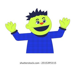 Hand puppet happy boy 2D cartoon character. Waving arms doll for glove puppet theater isolated personage flat vector on white background. Toy wide smile, short hair. Spot illustration colorful