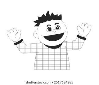 Hand puppet happy boy black and white 2D line character. Waving arms doll for glove puppet theater isolated vector outline personage. Toy wide smile, short hair. Monochromatic spot illustration