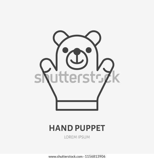 Hand puppet line\
icon, baby soft bear toy flat logo. Cute plush animal vector\
illustration. Sign for kids\
shop.