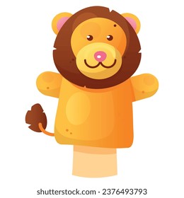 Hand puppet lion funny furry wild animal toy with mane and tail vector flat illustration. Childish doll theater actor for kindergarten elementary kids entertainment playing game stage performance