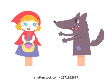 Espectáculo de marionetas manuales, personajes de cuentos de hadas para representaciones en ilustraciones vectoriales de escenarios teatrales. Caricatura aislada linda Caperucita Roja y Lobo Gris, divertidas muñecas de manipulación hechas a mano