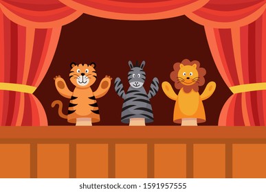 Hand puppet show poster with cute cartoon toy animals performing a play. Tiger, zebra and lion dolls on red curtain theater stage - flat cartoon vector illustration