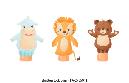 Hand Puppet Toy Made from Fabric Wore by Hand Vector Set
