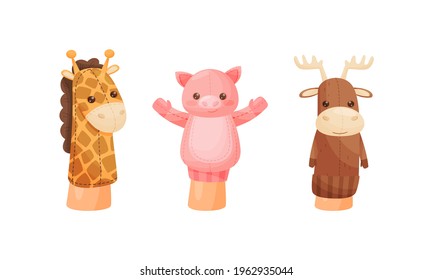 Hand Puppet Toy Made from Fabric Wore by Hand Vector Set