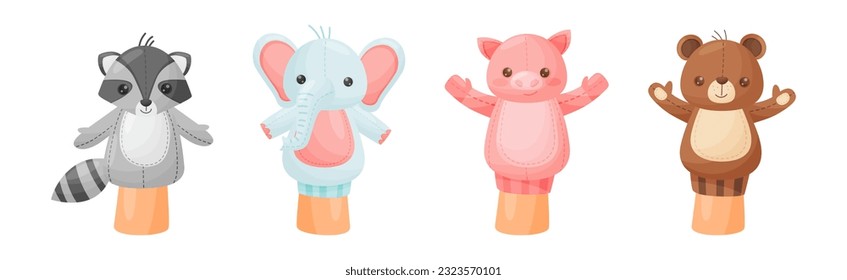 Hand Puppet Toy Made from Fabric Wore by Hand Vector Set