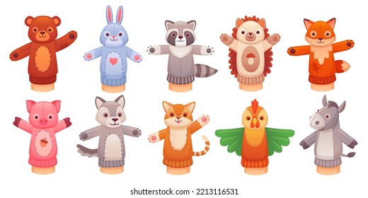 Hand puppet toys. Funny animal toy from sock for doll show theatre of puppeteers, children play hands or finger in kindergarten teddy bear fox rabbit, vector illustration of theater show puppets