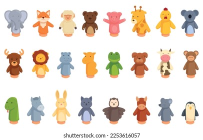 Iconos de juguetes de marioneta de mano establecen el vector de dibujos animados. dedo animal. Hija