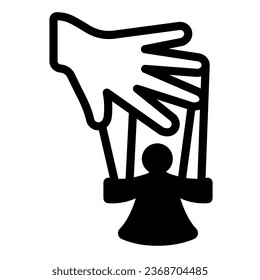 Hand of the puppeteer and marionette solid icon, theater concept, puppet theatre vector sign on white background, glyph style icon for mobile concept and web design. Vector graphics