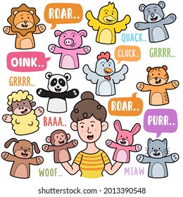 Hand puppets, colorful graphics elements and illustrations. Hand puppets vector art such as tiger, pig, duck, bear, rabbit, dog, cat are included in this doodle cartoon set.