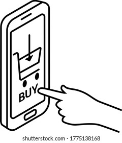 Hand purchasing something from phone. Linear icon, for online commerce.